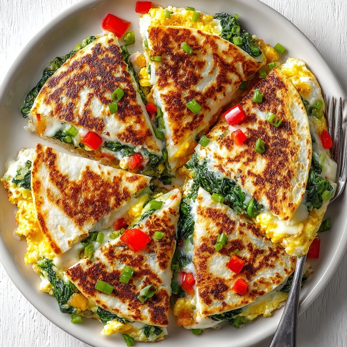 Close-up of Cheesy Spinach Breakfast Quesadillas with sautéed spinach, gooey cheese, and fluffy eggs inside.