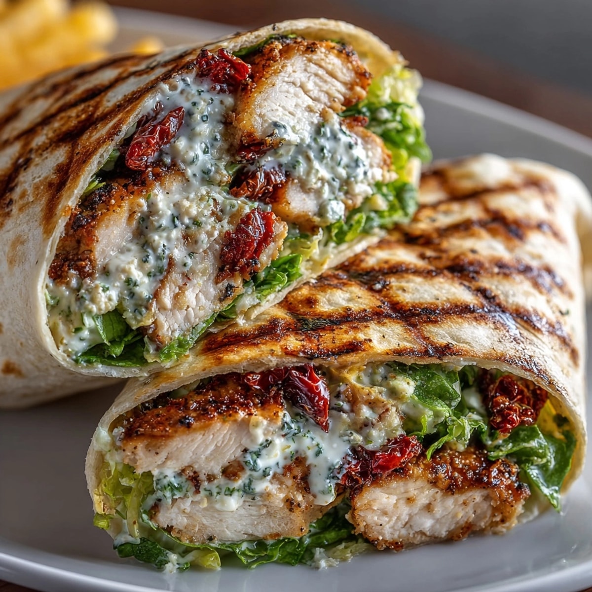 Spicy Chicken Caesar Wraps sliced on a wooden board, showing creamy dressing and crisp lettuce