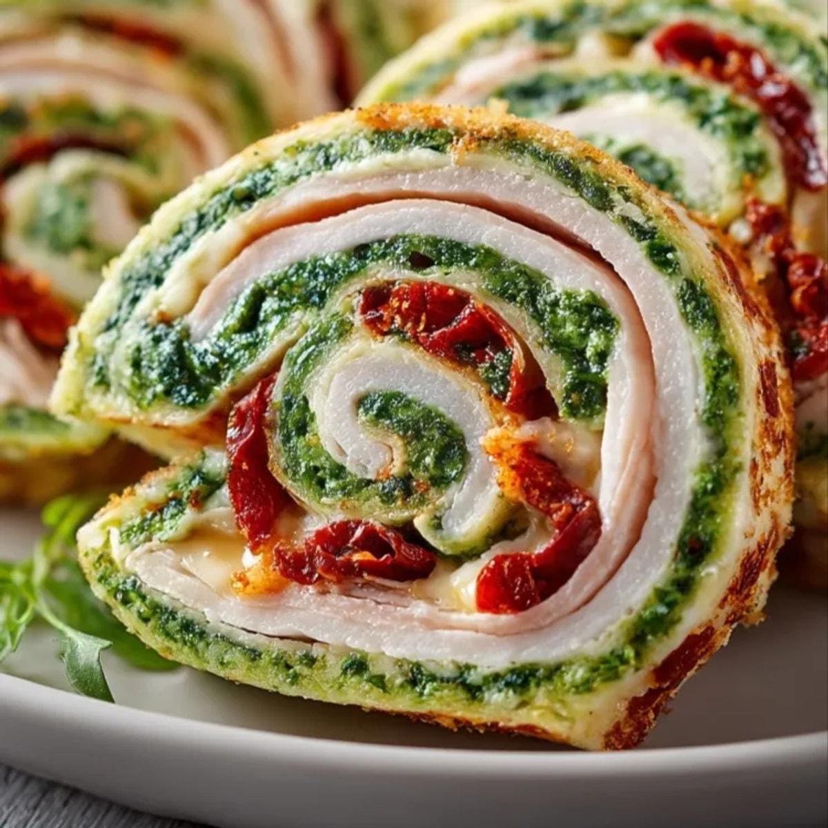 Turkey Pesto Pinwheel Sandwiches arranged on a platter, swirled with fresh basil pesto