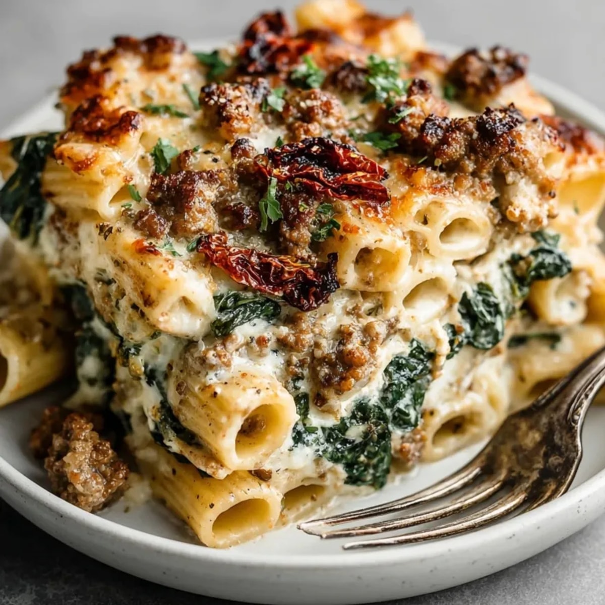 Creamy Tuscan Sausage Pasta Bake fresh from the oven, bubbling with melted cheese