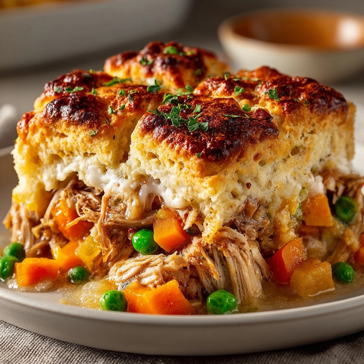 Golden homestyle chicken & biscuit casserole bubbling hot in a rustic casserole dish.