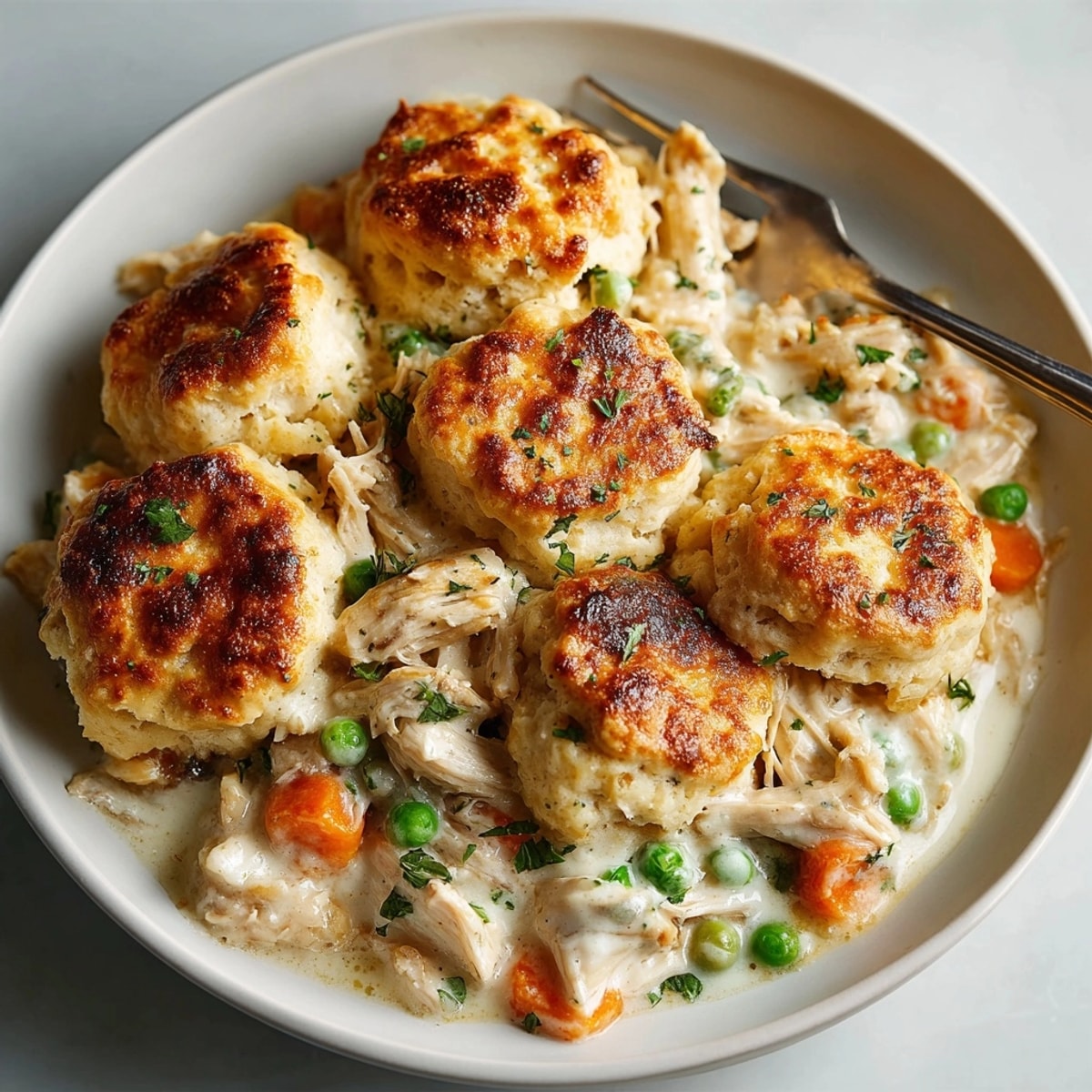 Hearty homestyle chicken & biscuit casserole served fresh with rich, creamy sauce and tender veggies.