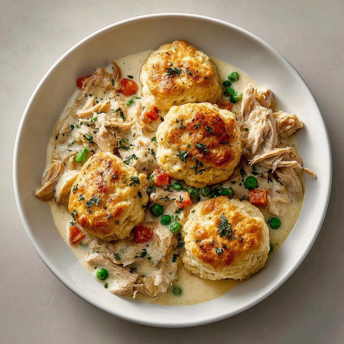 Close-up of fluffy biscuits atop savory homestyle chicken & biscuit casserole, perfect for family dinners.