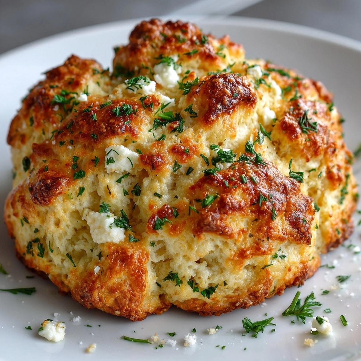 Golden Savory Herb & Feta Scones cooling on a rustic wooden board, fresh from the oven