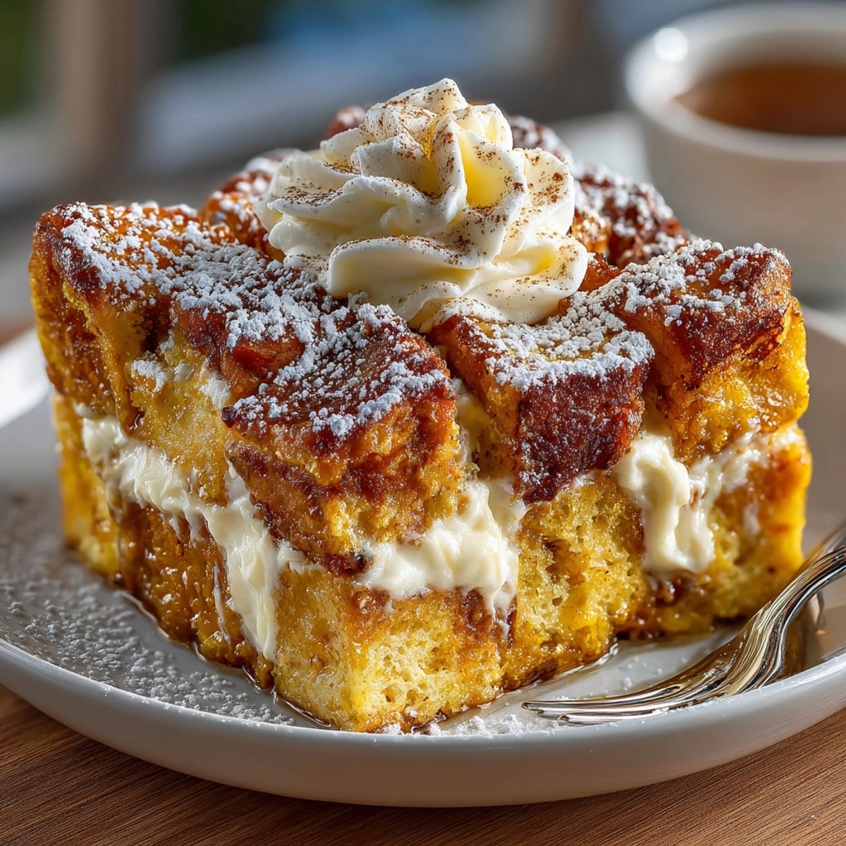 Pumpkin Cream Cheese French Toast Bake golden and creamy, topped with maple drizzle and pecans