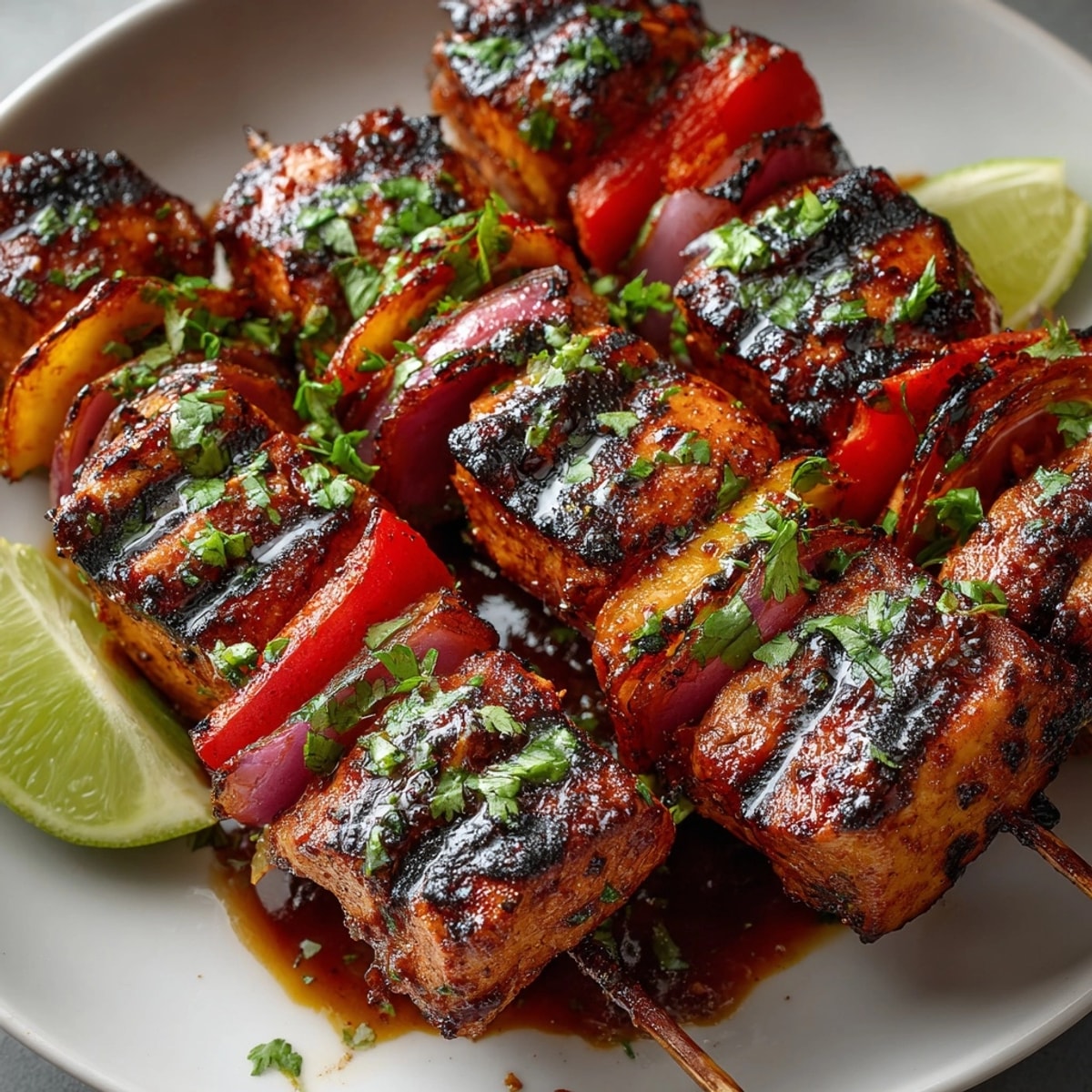 Grilled Chipotle Lime Chicken Skewers served with zesty lime wedges and fresh herbs.