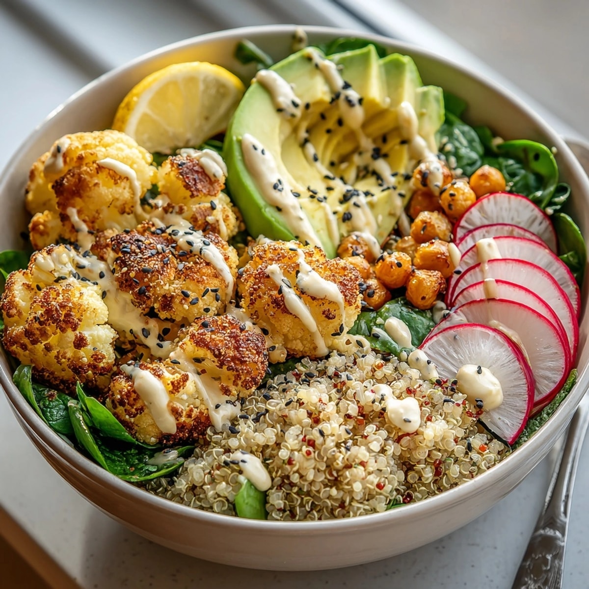 Warm Roasted Cauliflower & Chickpea Buddha Bowls served over quinoa with vibrant garnishes