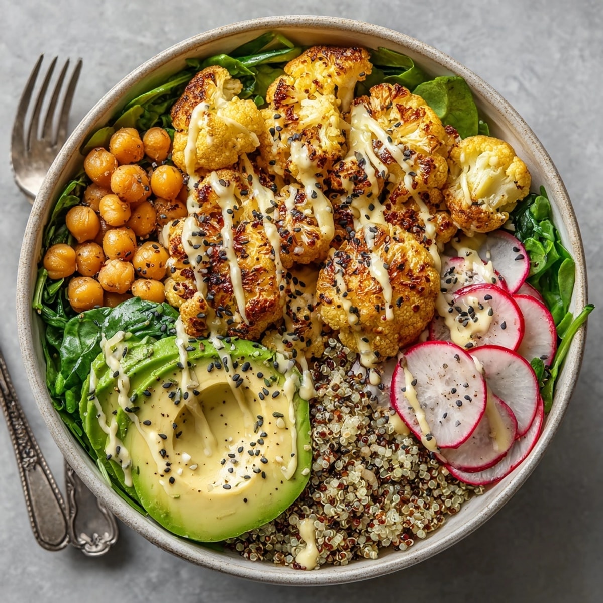 Hearty Roasted Cauliflower & Chickpea Buddha Bowls arranged in bowls, ready for a healthy lunch