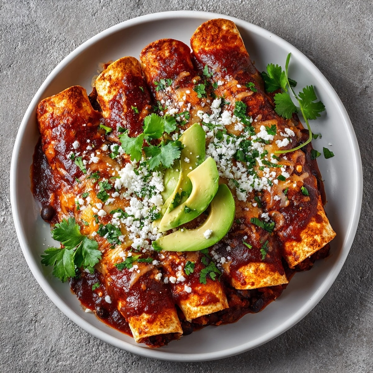 Homemade sweet potato black bean enchiladas featuring a rich, smoky red enchilada sauce