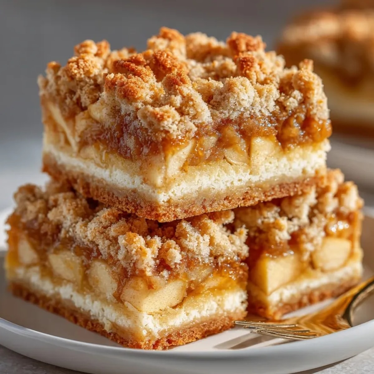 Golden apple pie crumble bars cooling on a rustic wooden kitchen counter