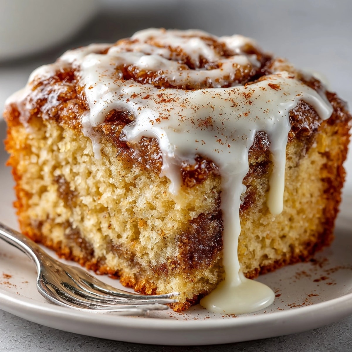 Homemade cinnamon swirl banana sheet cake topped with creamy vanilla frosting on a platter