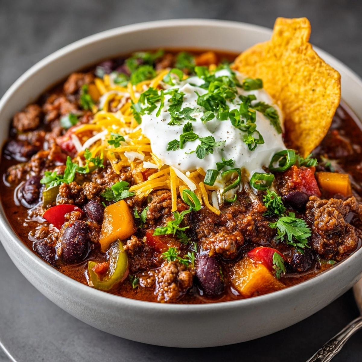 Close-up of vibrant Instant Pot Halloween Chili with cheese, sour cream, and green onions.