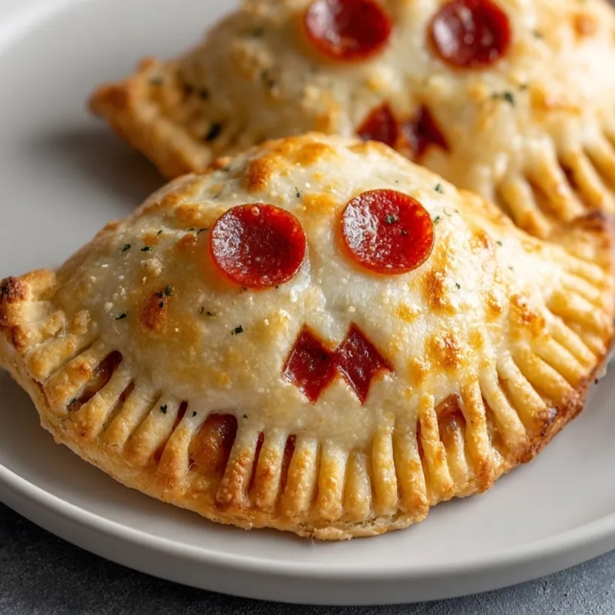 Golden-baked Ghost Calzone Pockets, filled with melty cheese; a spooky, savory treat.