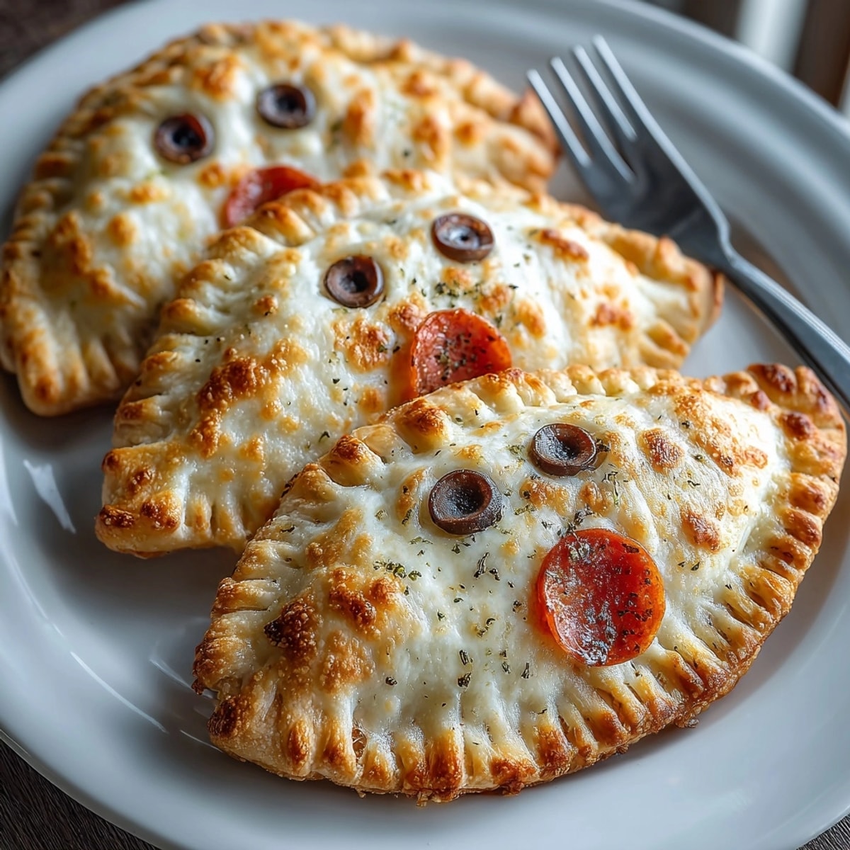 Warm, cheesy Ghost Calzone Pockets, fresh from the oven, ready for happy Halloween eaters.