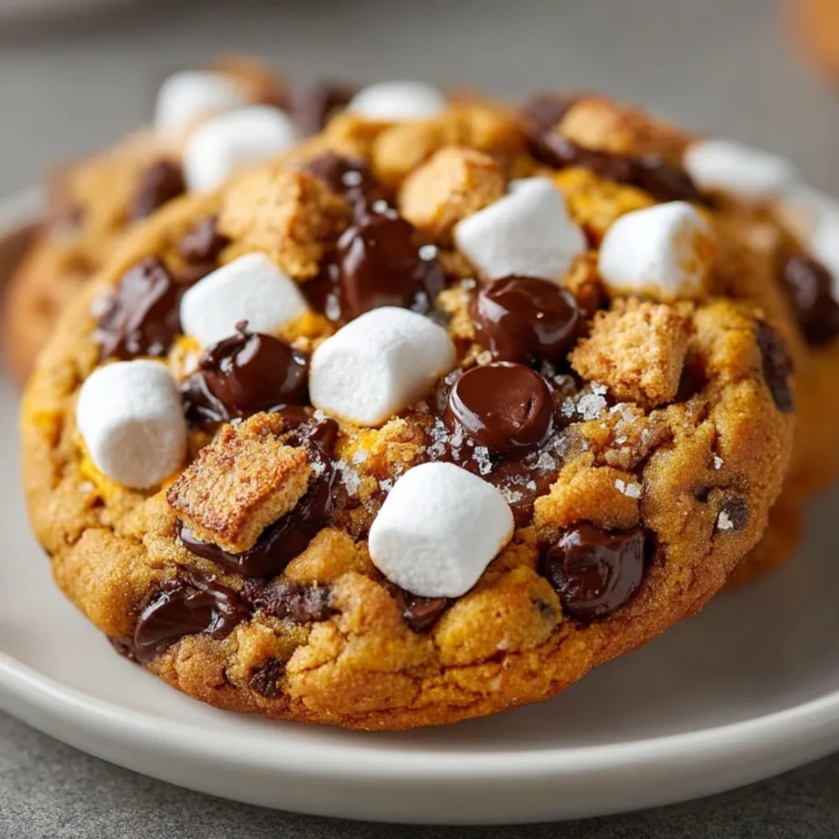 Golden Pumpkin S’mores Cookies cooling; marshmallows melted, chocolate gooey—autumn campfire flavors.