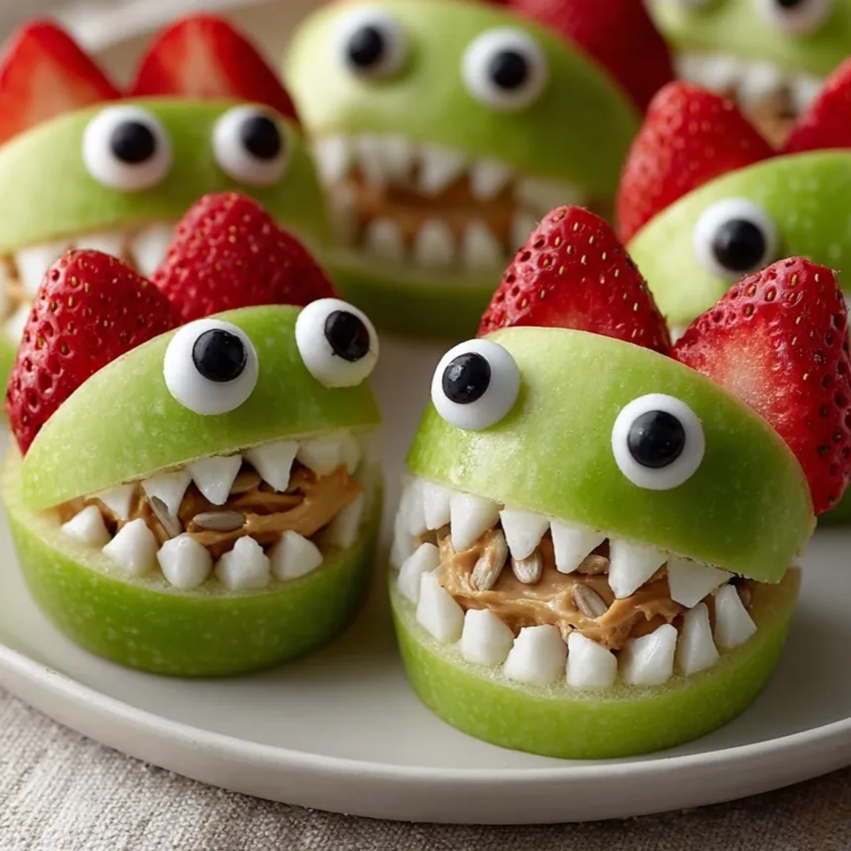 Crunchy Monster Apple Peanut Butter Bites with sunflower seed teeth and candy eyeballs.