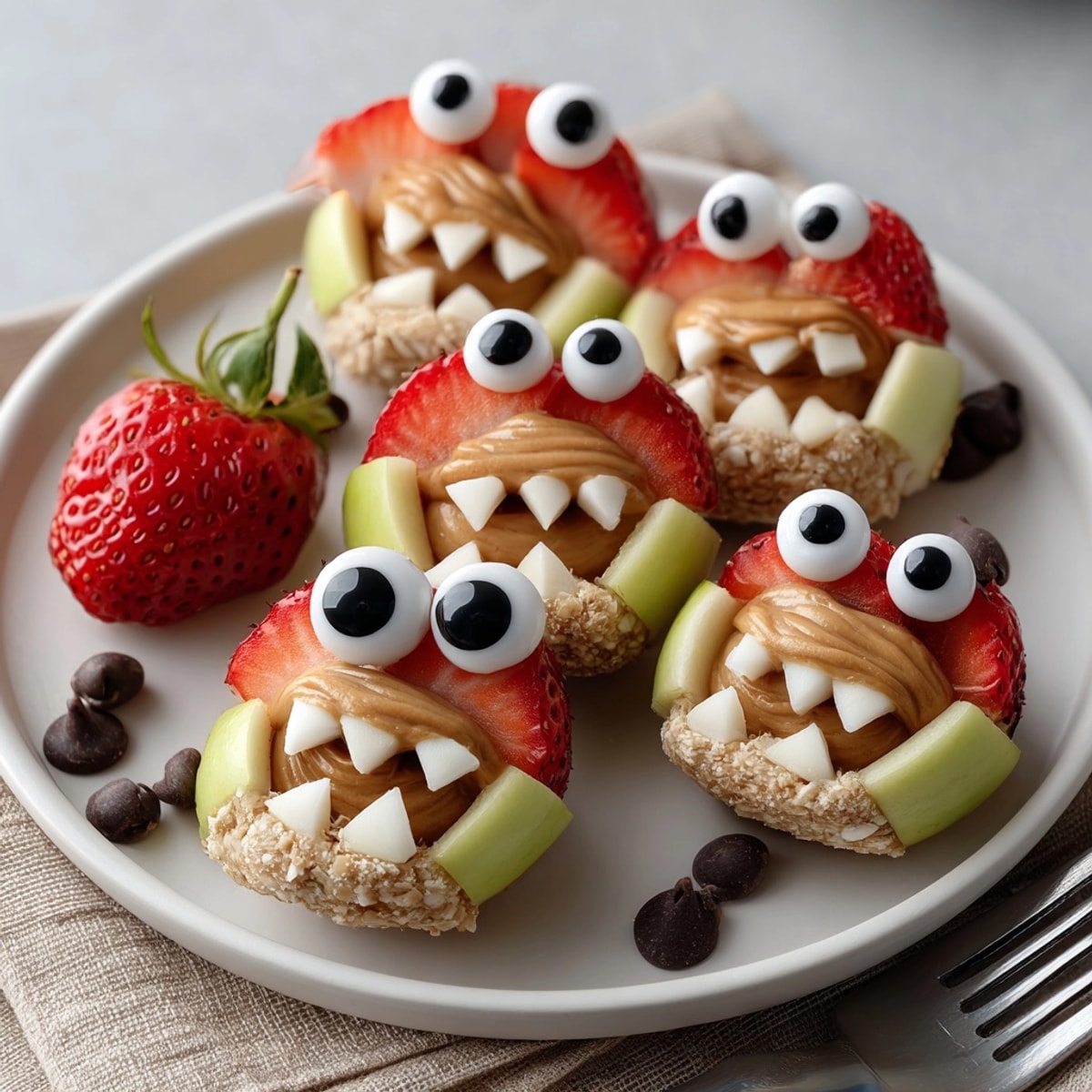Festive Monster Apple Peanut Butter Bites—tangy apples, creamy peanut butter, and silly faces.