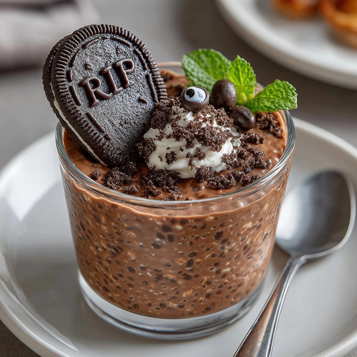 Spooky Halloween treat: dark chocolate Overnight Oats "Graveyard" with cookie tombstones and gummy worms.