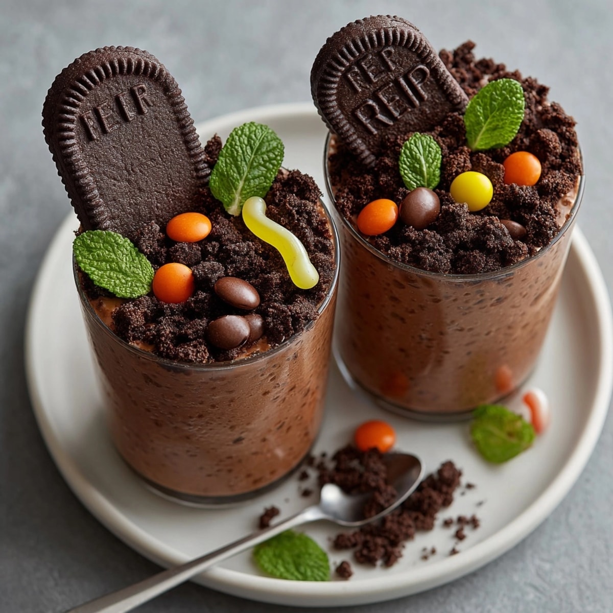 Easy Overnight Oats "Graveyard" dessert: a fun, festive breakfast with sweet cookie gravestones.