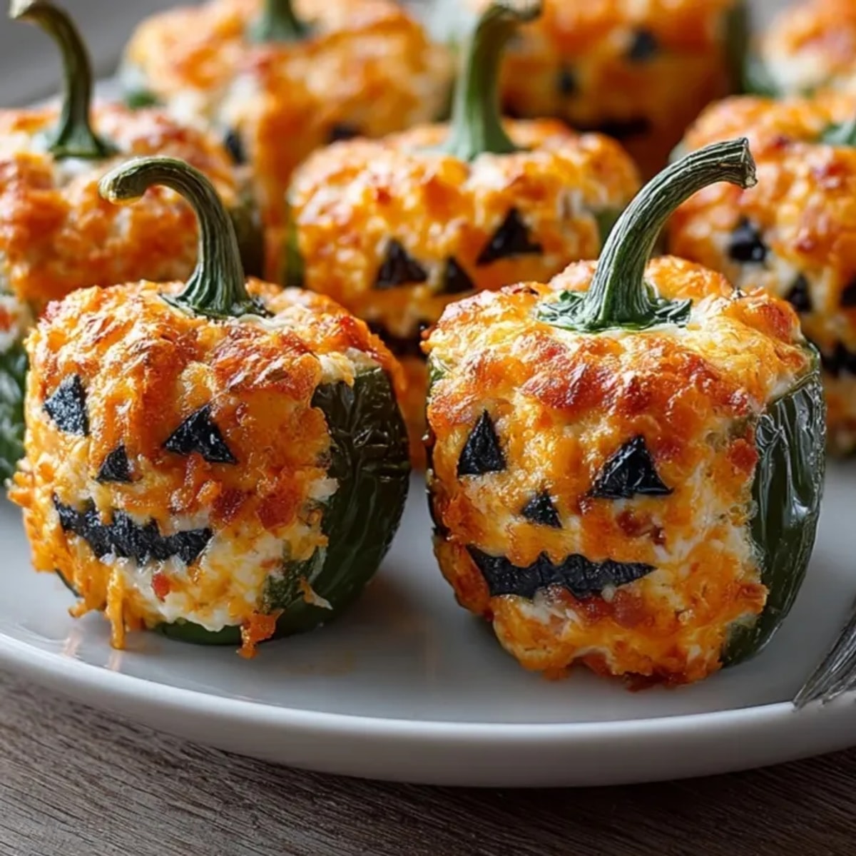 Warm, bubbling Halloween Stuffed Jalapeños; savory bacon and cheddar, ready to serve.