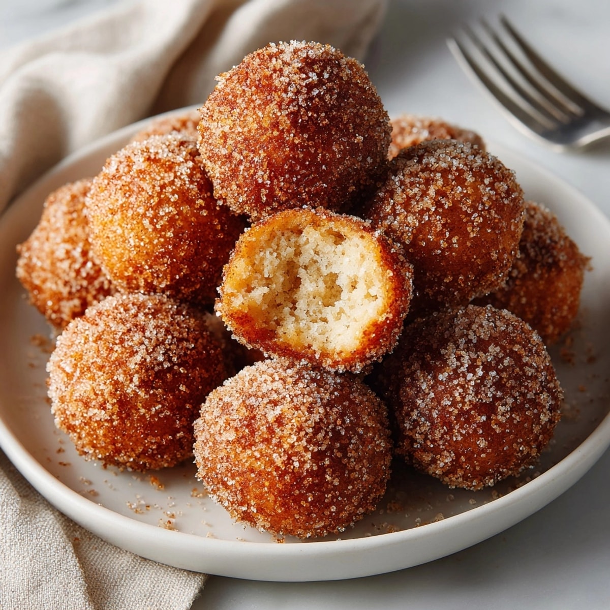 Golden brown Air Fryer Pumpkin Spice Donut Holes coated in cinnamon sugar, cooling on a wire rack.