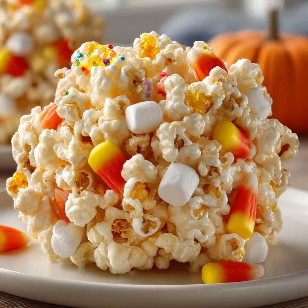 Golden Candy Corn Popcorn Balls glistens with sweet syrup, ready to delight for Halloween festivities.