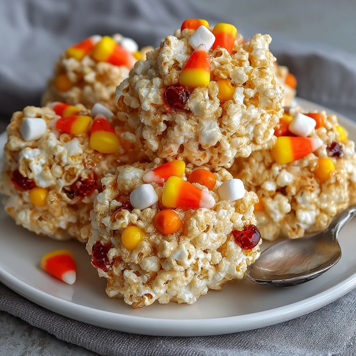A gooey, close-up shot of delicious Candy Corn Popcorn Balls, perfect handheld autumn dessert snacks.