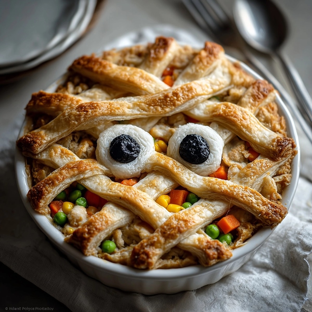 Close-up of a savory Mummy Chicken Pot Pie, steam escaping, ready to eat.