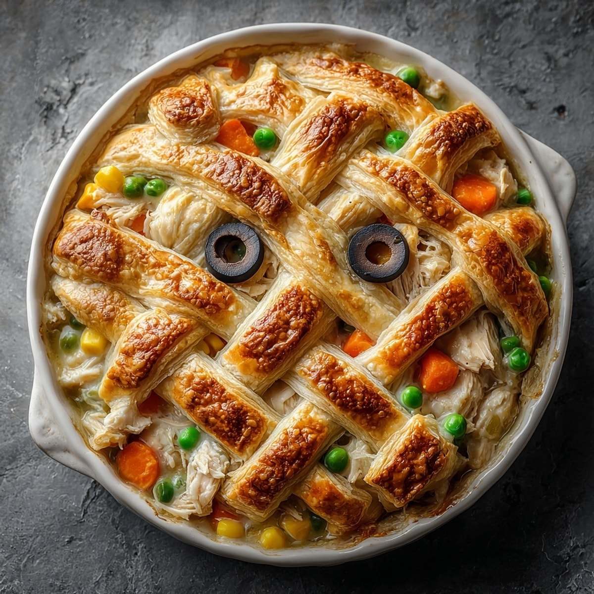 Homemade Mummy Chicken Pot Pie, flaky crust detail showing herbs, warm, inviting.