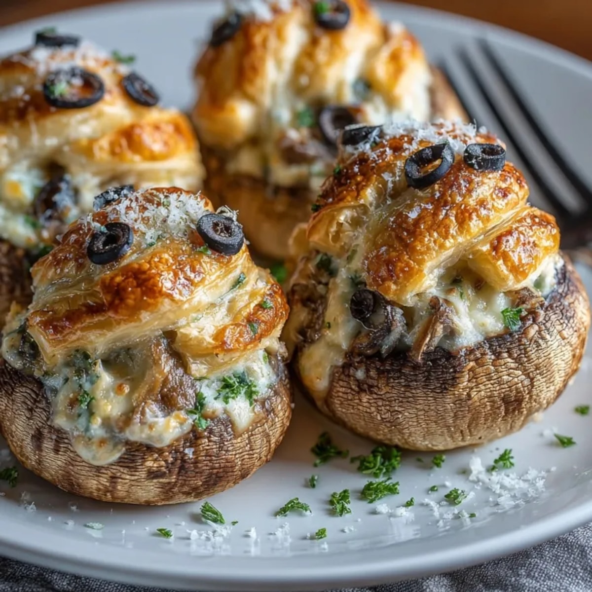 Golden Mummy Stuffed Mushrooms on parchment, savory appetizer with spooky puff pastry bandages.
