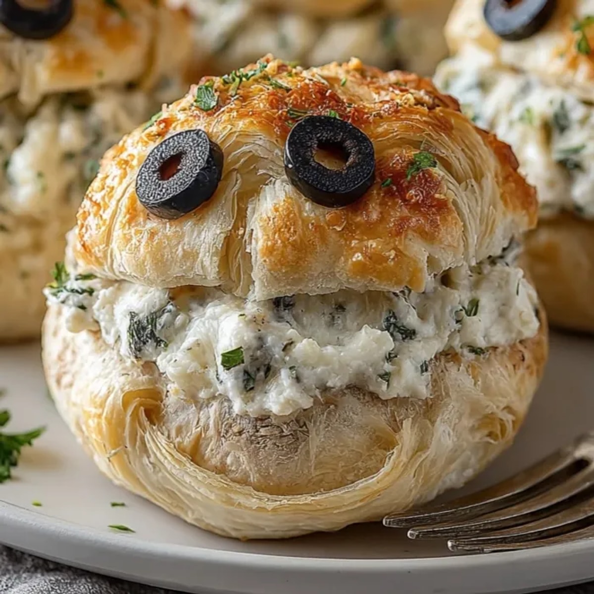 Creamy Mummy Stuffed Mushrooms baking, topped with olive eyes for a Halloween party.