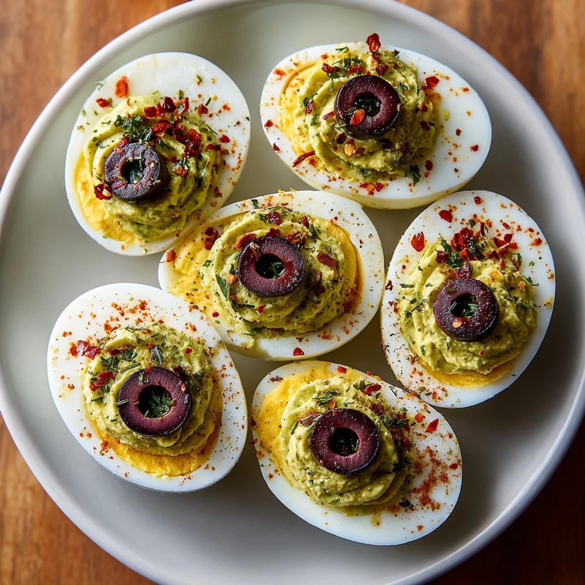 Close-up of spooky Monster Deviled Egg Eyeballs with olive pupils and red pepper veins.