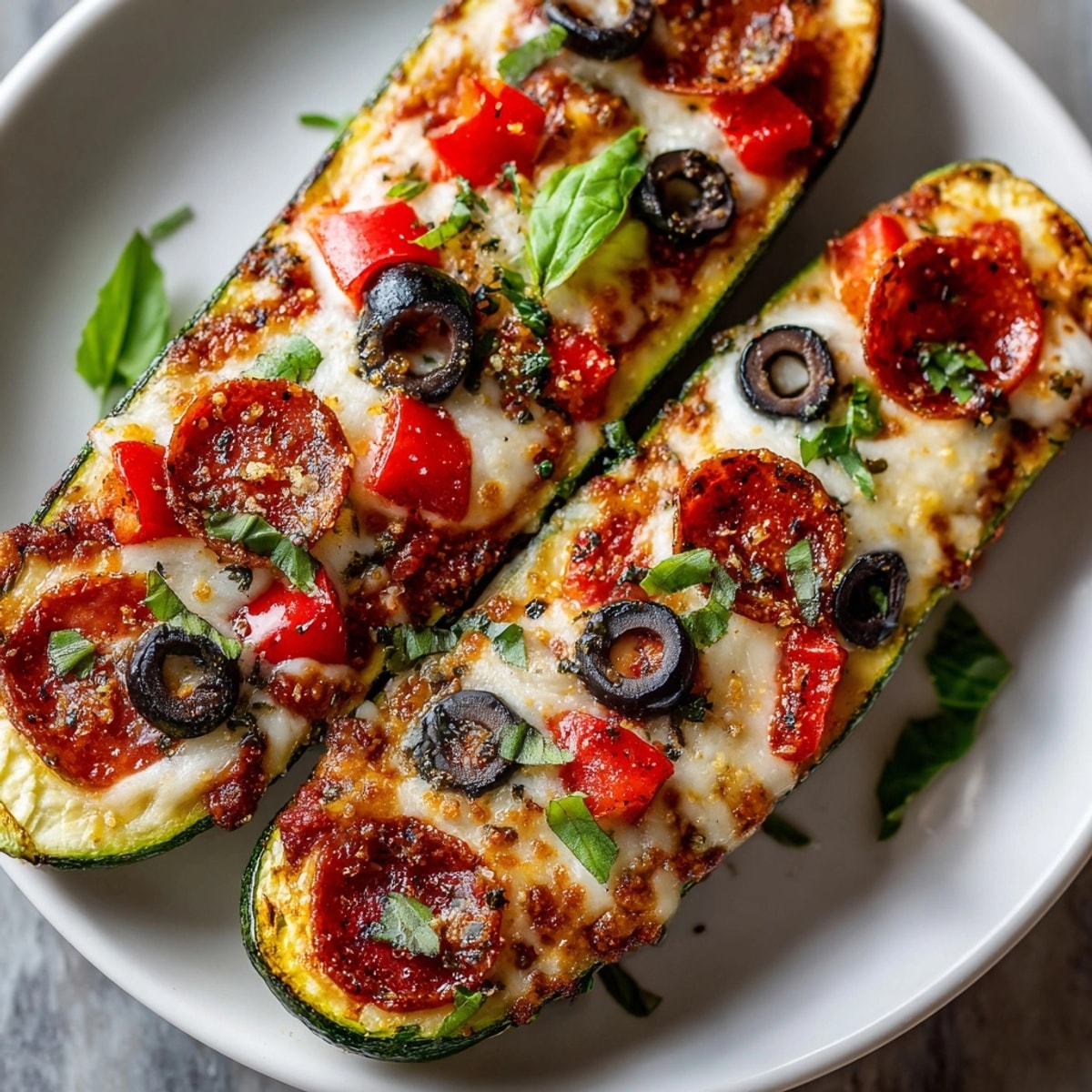 Baked Zucchini Pizza Boats, golden cheese bubbling, are ready to be served with fresh basil.