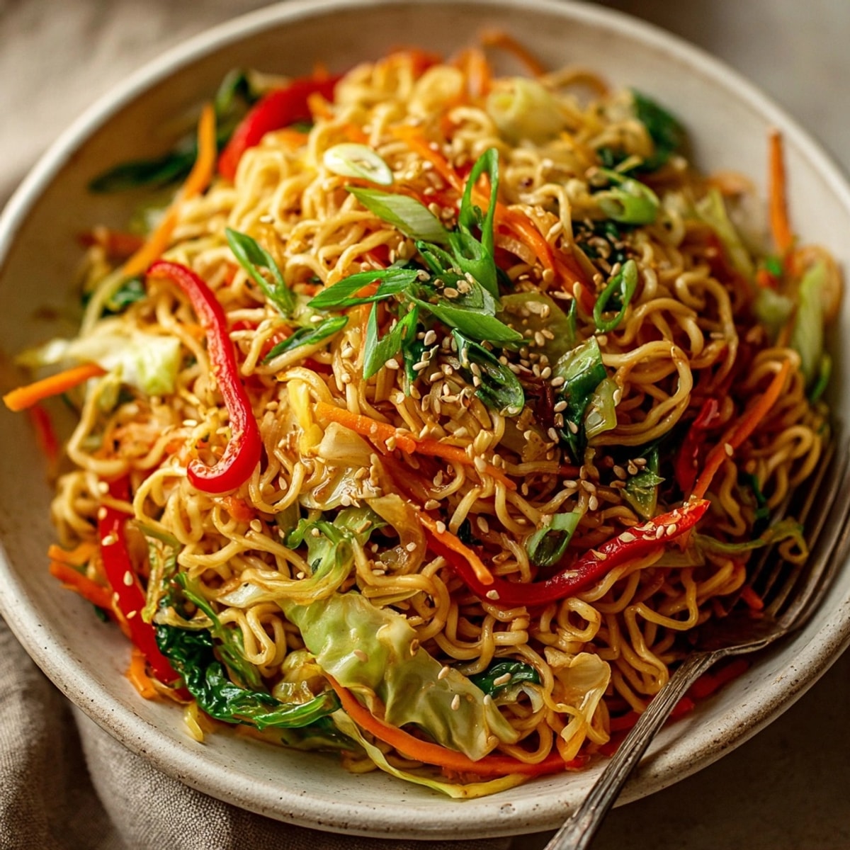 Close-up of colorful Cabbage Stir Fry with Ramen, steaming and ready to savor now.