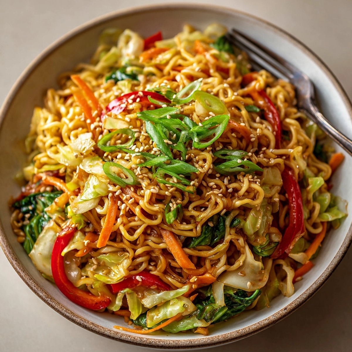 Golden brown Cabbage Stir Fry with Ramen, glistening showing the rich, umami hoisin sauce.
