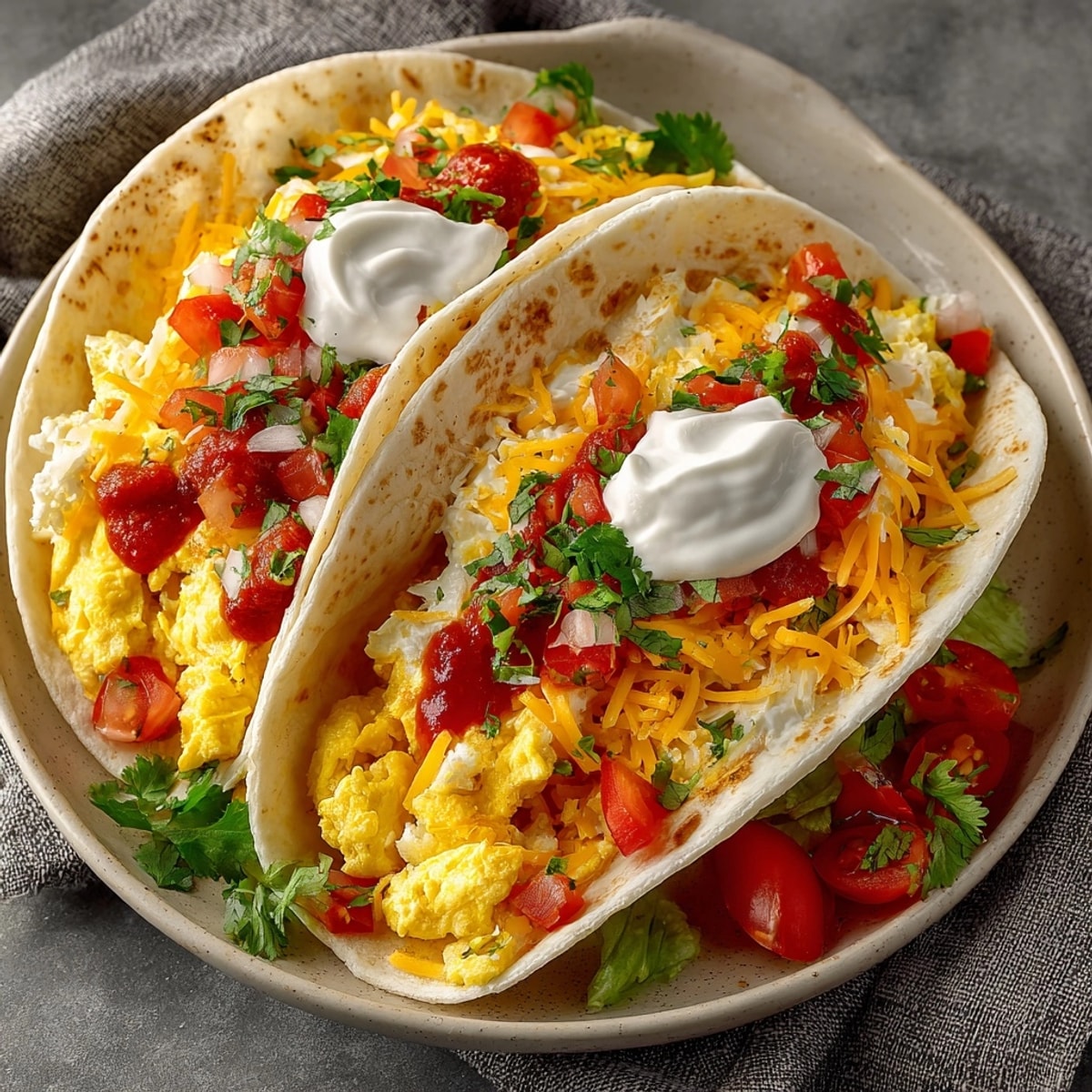 Imagine 3-minute breakfast tacos, warm tortillas with cheesy eggs, topped fresh salsa.