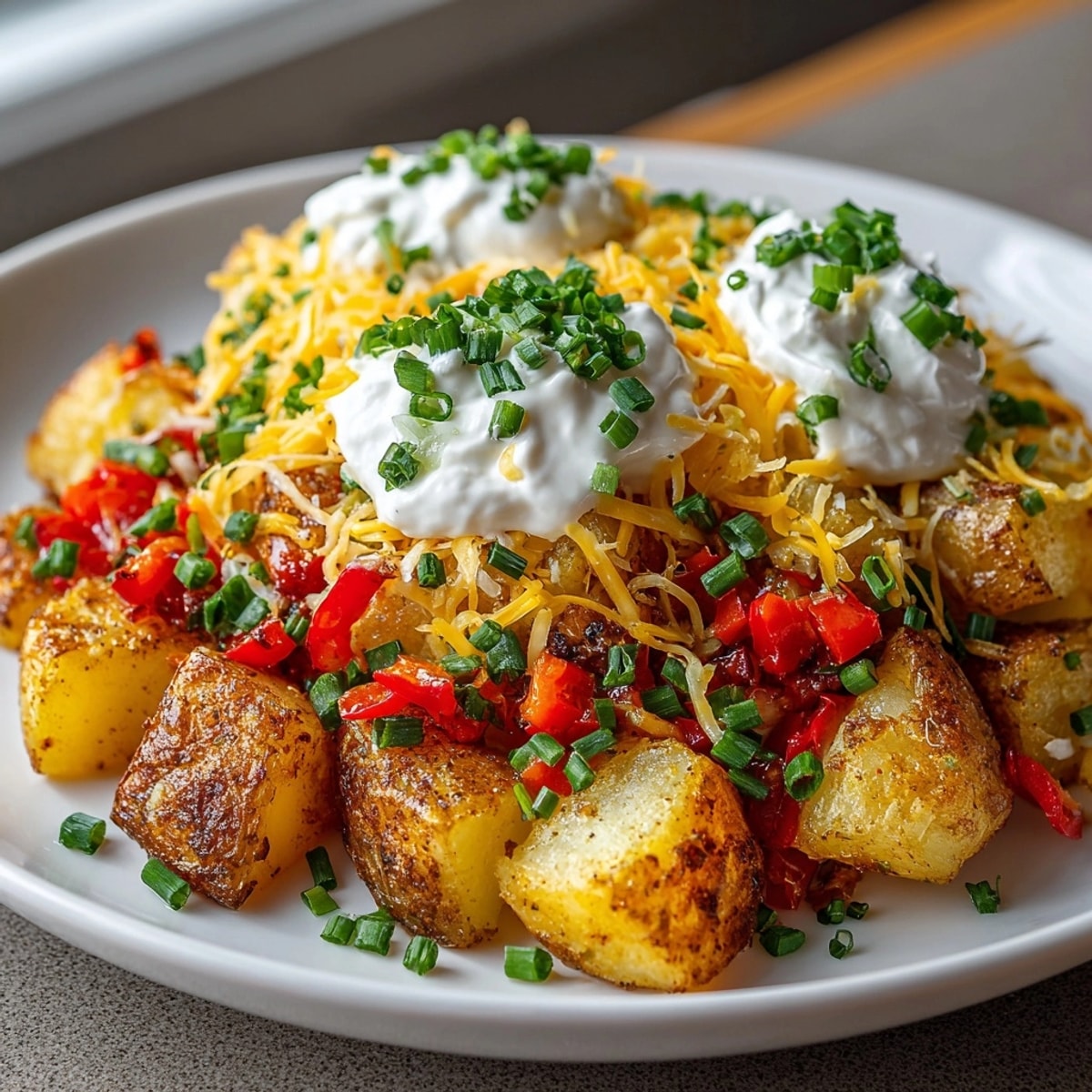 Deliciously cheesy Cheesy Potato Skillet, creamy texture enhanced with colorful bell peppers and onion.