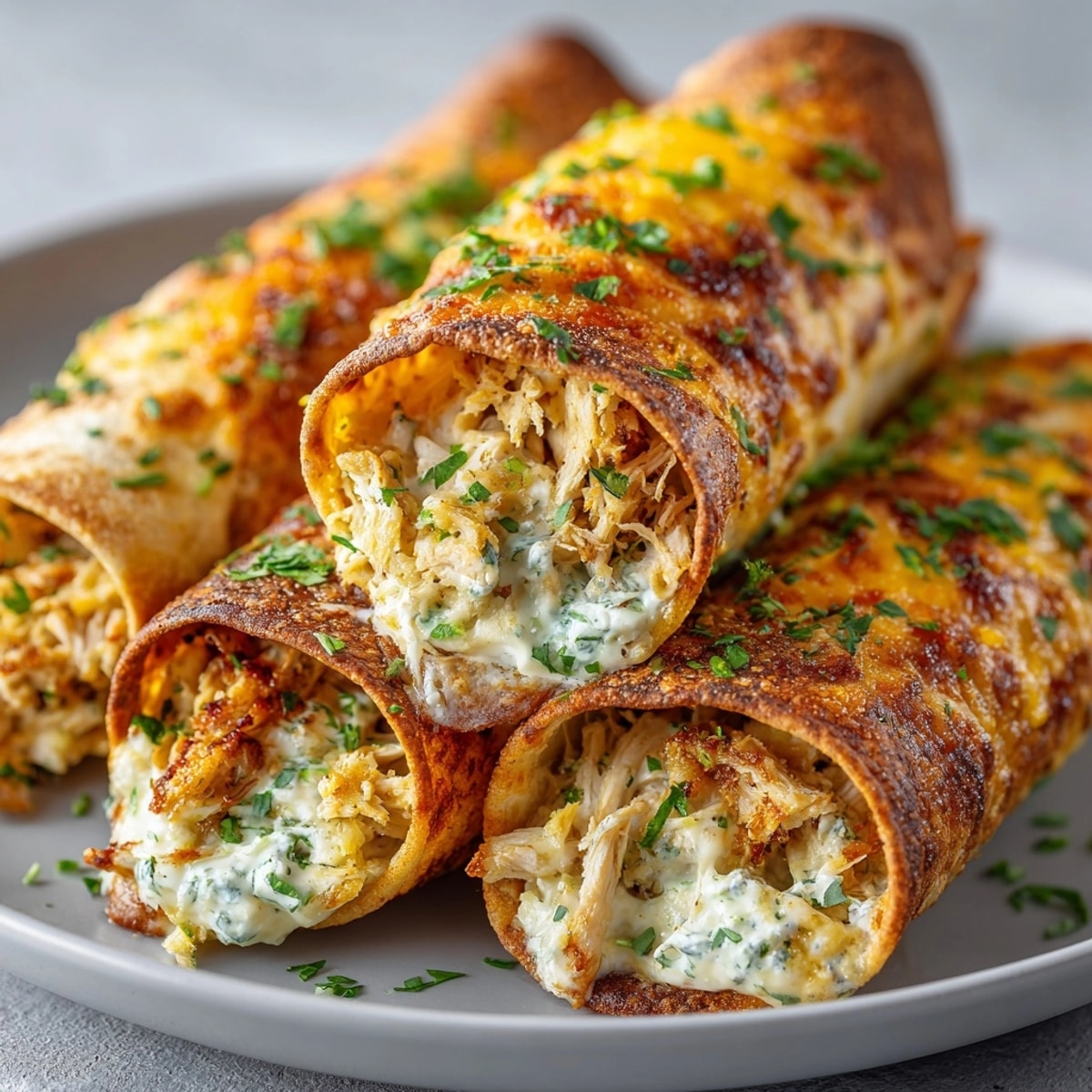 Close-up of Cream Cheese Chicken Taquitos with melted cheddar and spicy, creamy filling.