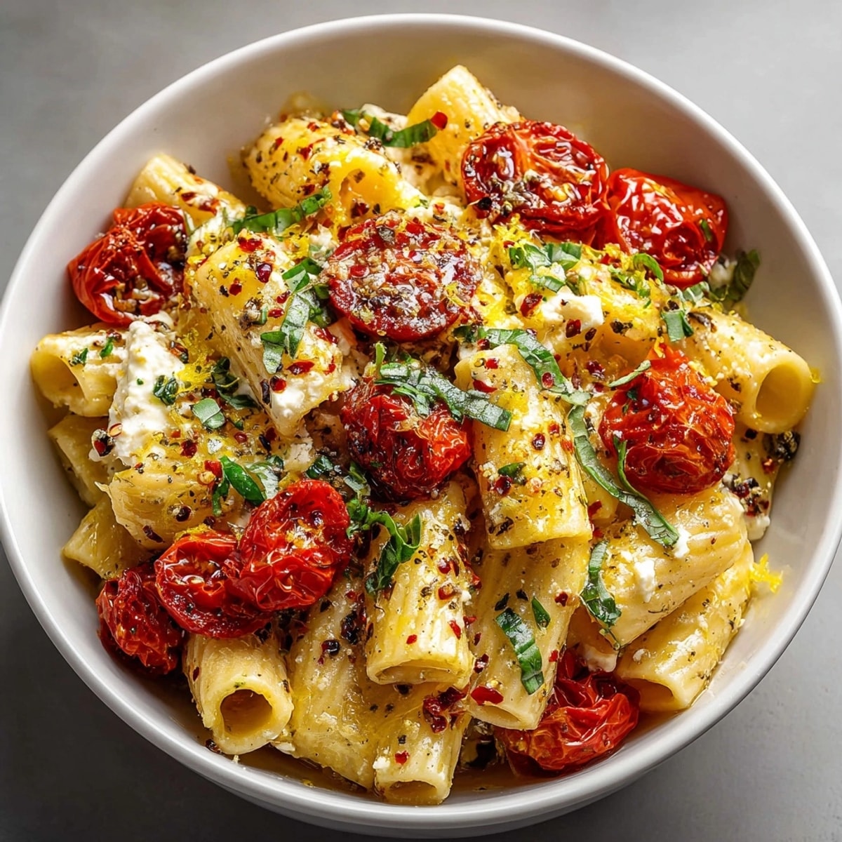 Oven-baked Lazy Girl's Feta Pasta Bake: creamy melted feta, juicy tomatoes, and fragrant basil.