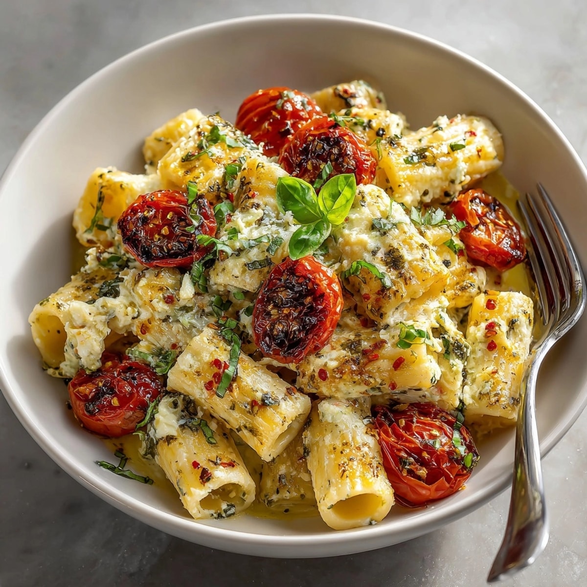 Golden Lazy Girl’s Feta Pasta Bake with burst cherry tomatoes—a simple comforting vegetarian dinner.