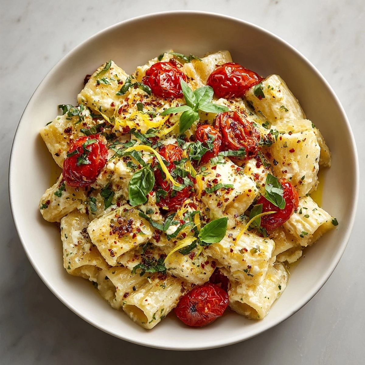 Imagine Lazy Girl’s Feta Pasta Bake flavorful roasted tomatoes tangy feta perfectly cooked pasta.