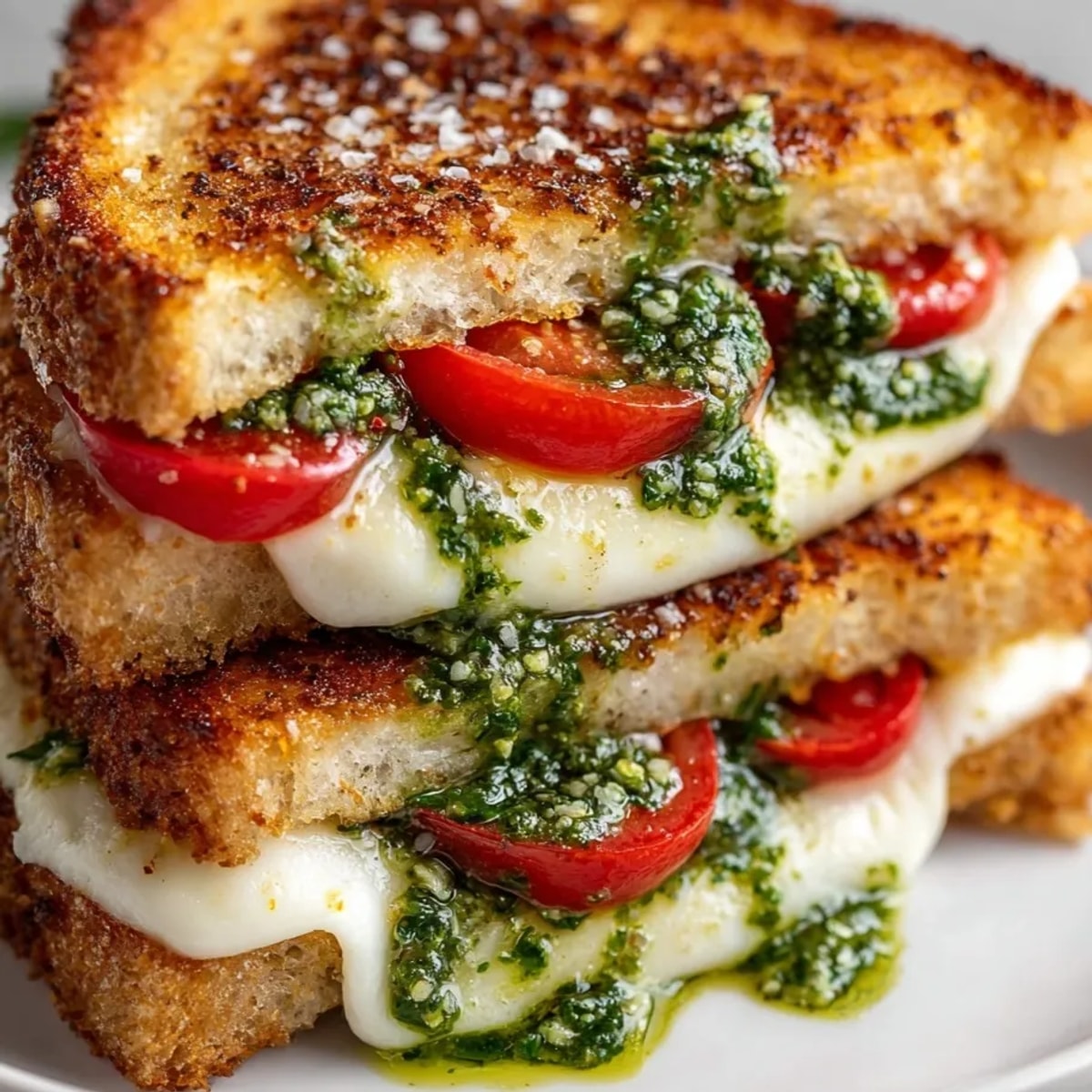 Golden Caprese Grilled Cheese with Pesto: Warm, crusty bread, oozing mozzarella, and bright pesto.