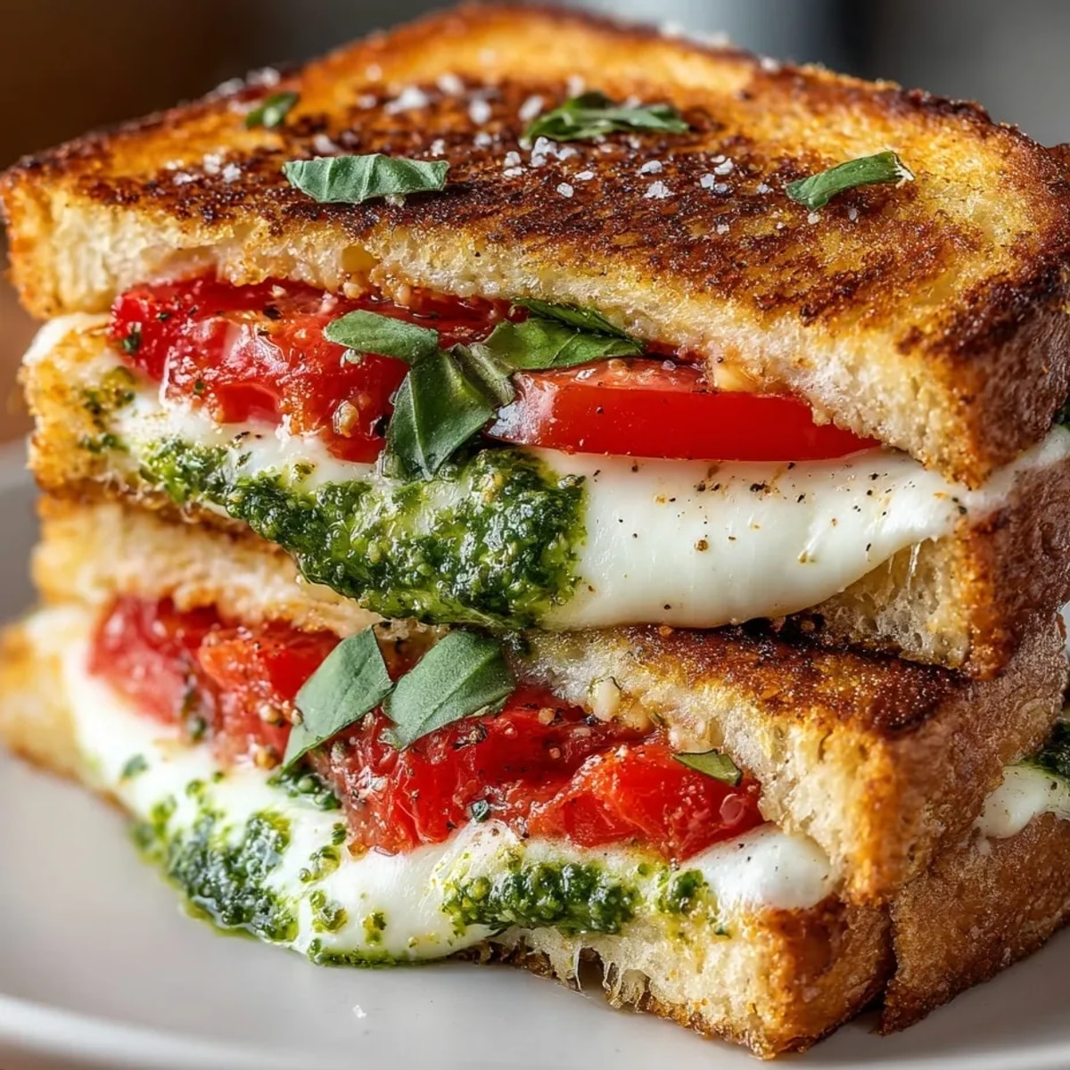 A Caprese Grilled Cheese sandwich with pesto; imagine the aroma and stringy cheese.