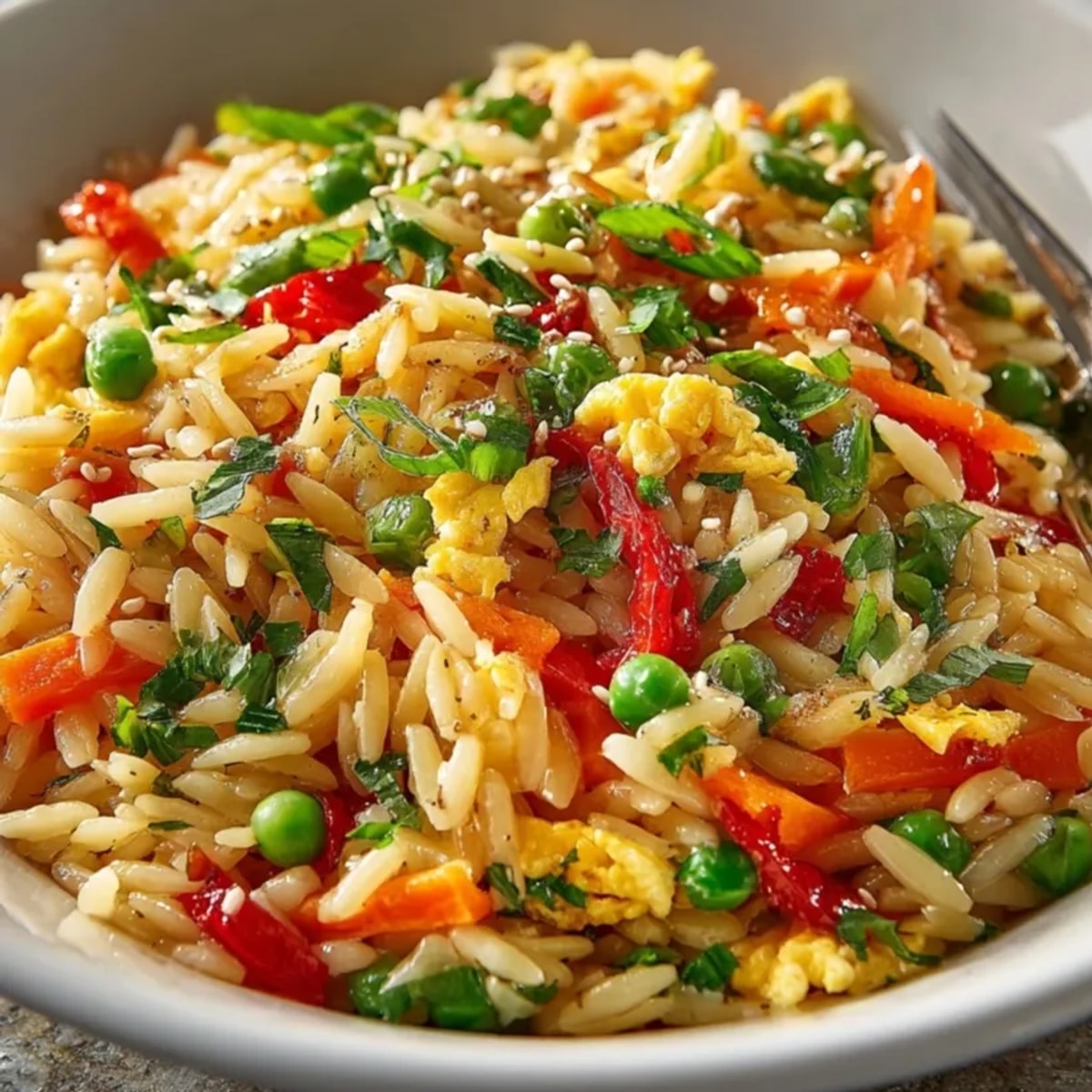 Golden Orzo Fried Rice Style, a savory pasta dish with crisp colorful vegetables.