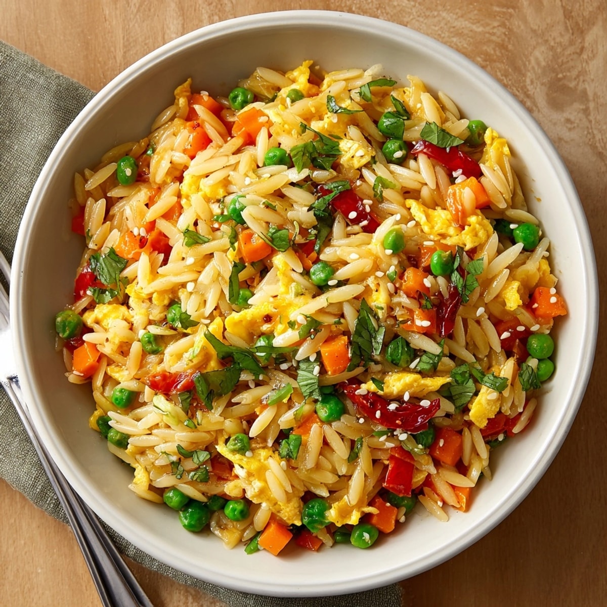 Sizzling wok with ingredients for Orzo Fried Rice Style, a simple, satisfying weeknight dinner.