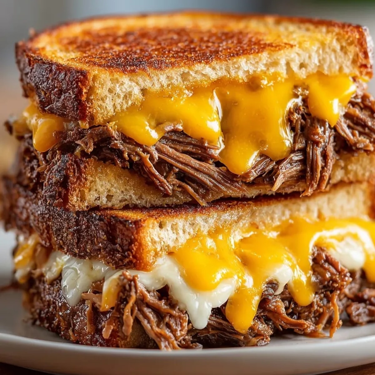 Melty short rib grilled cheese sandwich: savory shredded beef, bubbly cheeses oozing from golden sourdough.