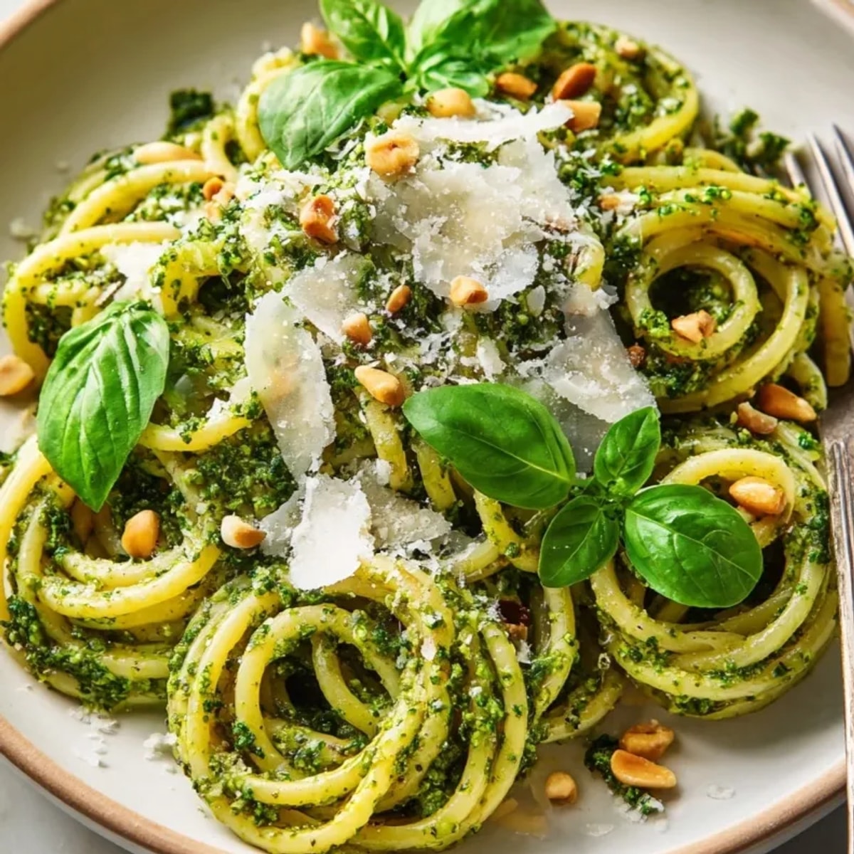 Close-up image showcases creamy Lemon Pesto Pasta, garnished with basil and Parmesan.