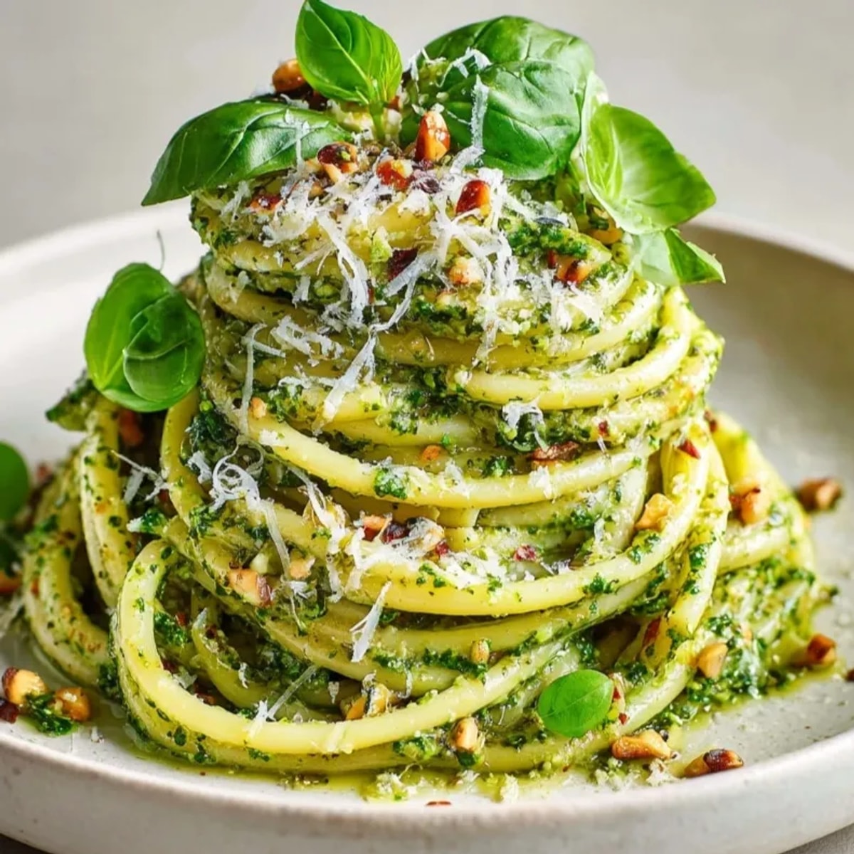 Fresh, homemade Lemon Pesto Pasta ready to serve, a vegetarian Italian dinner idea.