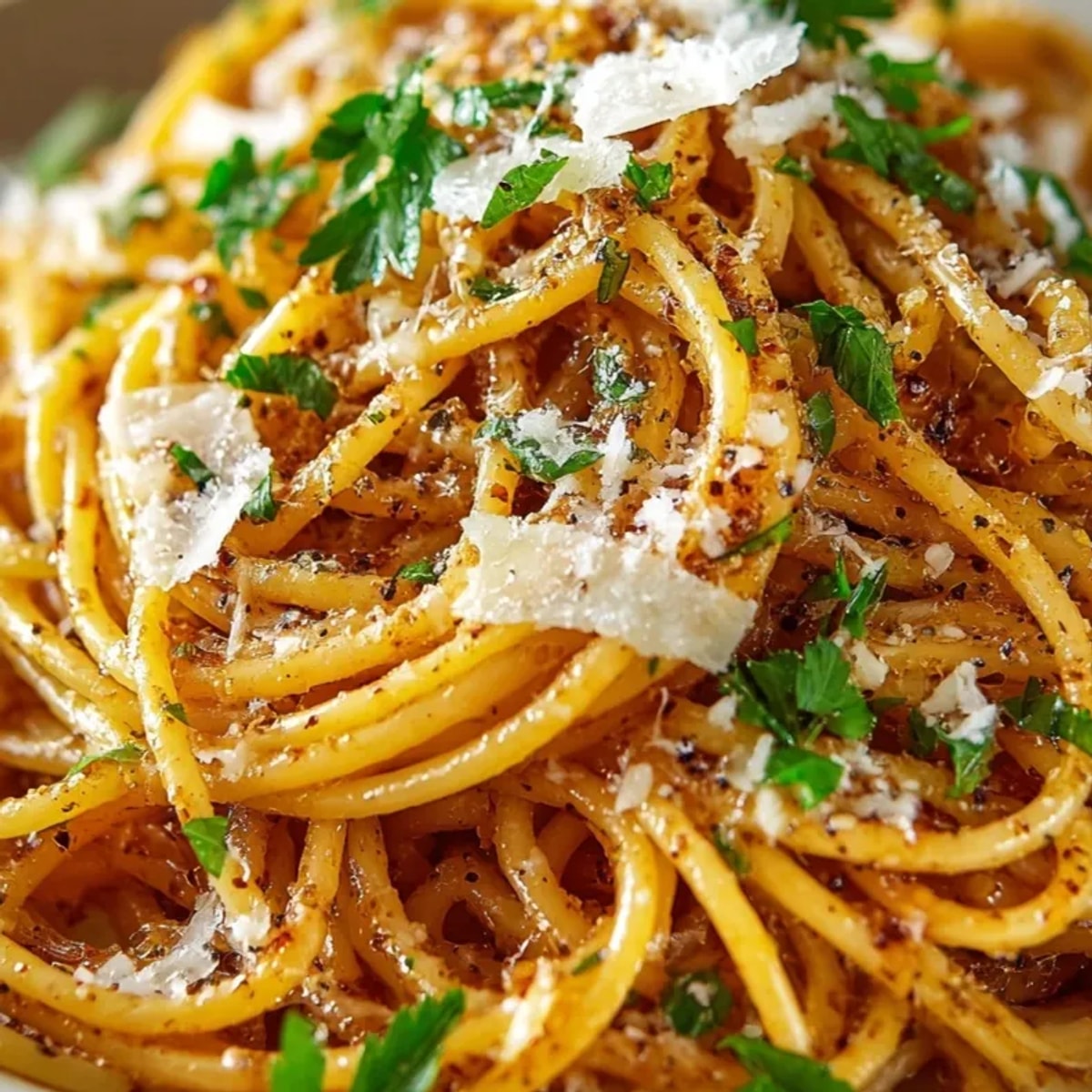 Golden Brown Butter Parmesan Pasta with a rich, cheesy sauce swirled over al dente spaghetti.