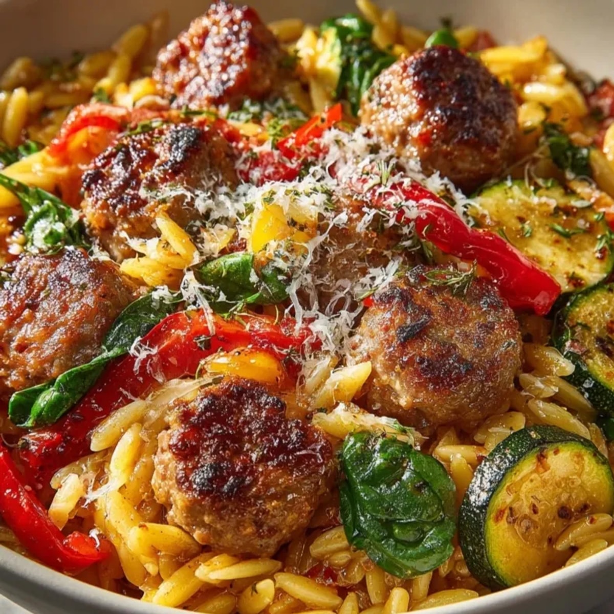 Homemade Spicy Sausage Orzo Skillet, a close-up shot showing the saucy, cheesy perfection.